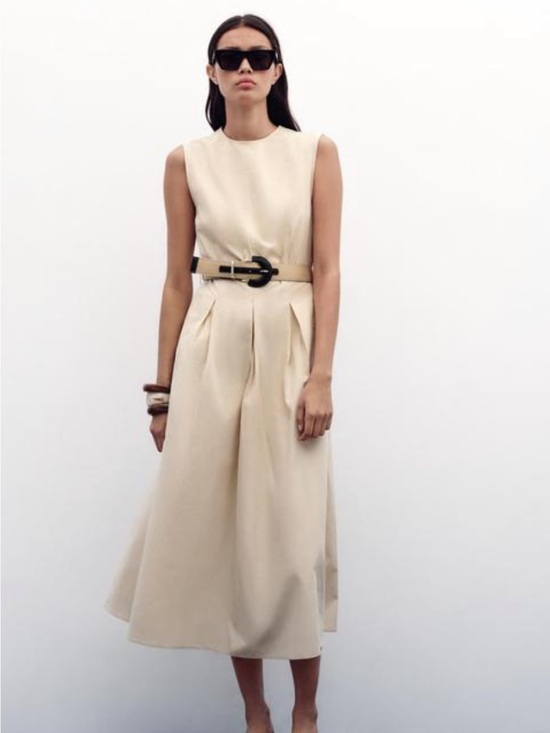 Zara Dresses & Skirts - Zara Cream Sleeveless Midi Dress with Belt
